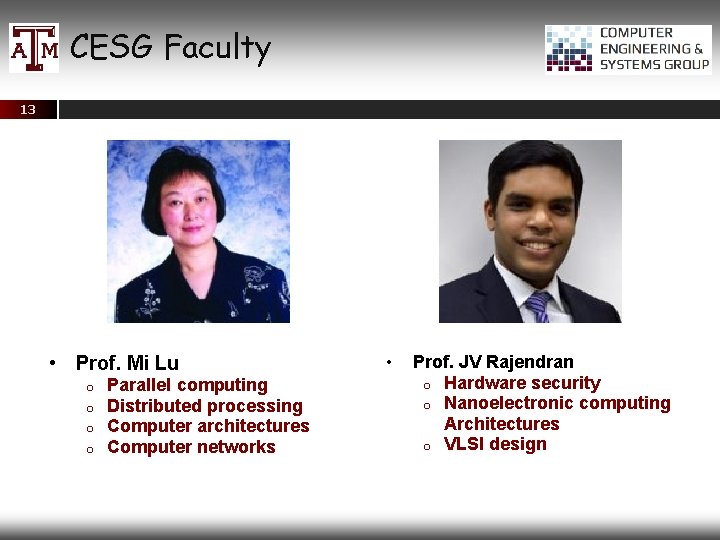 CESG Faculty 13 • Prof. Mi Lu o o Parallel computing Distributed processing Computer