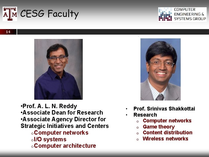CESG Faculty 14 • Prof. A. L. N. Reddy • Associate Dean for Research
