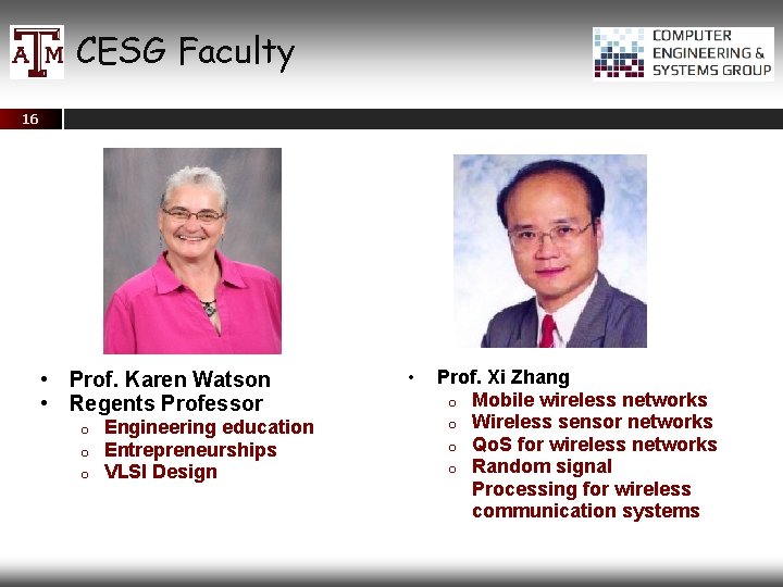 CESG Faculty 16 • Prof. Karen Watson • Regents Professor o o o Engineering
