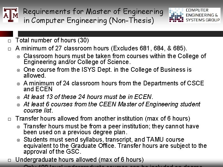 Requirements for Master of Engineering in Computer Engineering (Non-Thesis) Total number of hours (30)