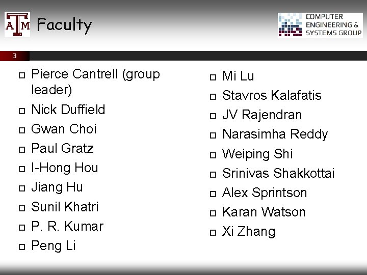 Faculty 3 Pierce Cantrell (group leader) Nick Duffield Gwan Choi Paul Gratz I-Hong Hou