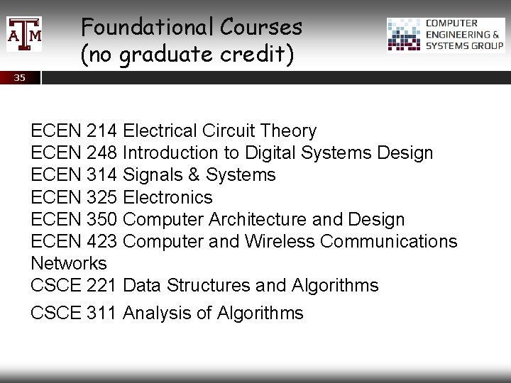 Foundational Courses (no graduate credit) 35 ECEN 214 Electrical Circuit Theory ECEN 248 Introduction