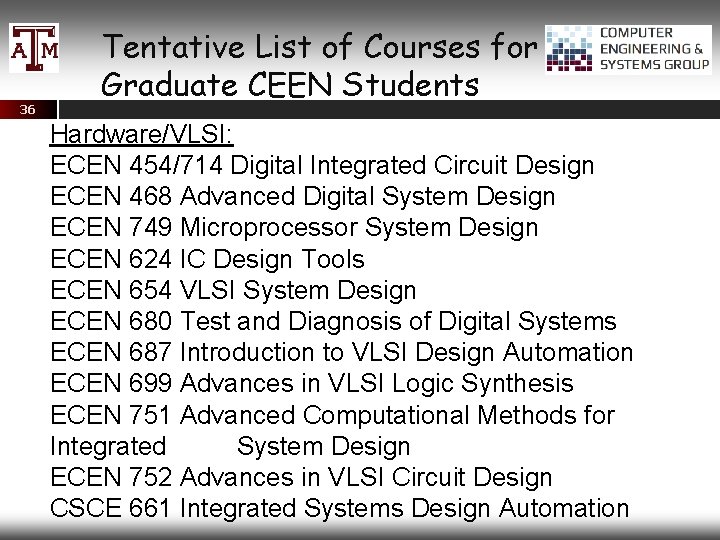 36 Tentative List of Courses for Graduate CEEN Students Hardware/VLSI: ECEN 454/714 Digital Integrated