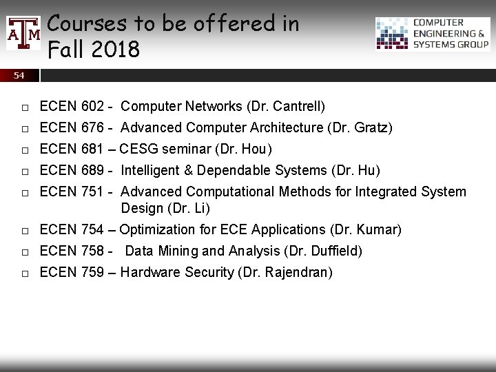 Courses to be offered in Fall 2018 54 ECEN 602 - Computer Networks (Dr.