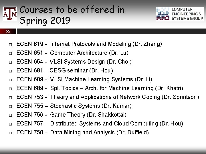 Courses to be offered in Spring 2019 55 ECEN 619 - Internet Protocols and