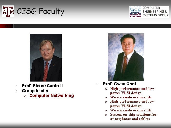 CESG Faculty 8 • • Prof. Pierce Cantrell Group leader o Computer Networking •