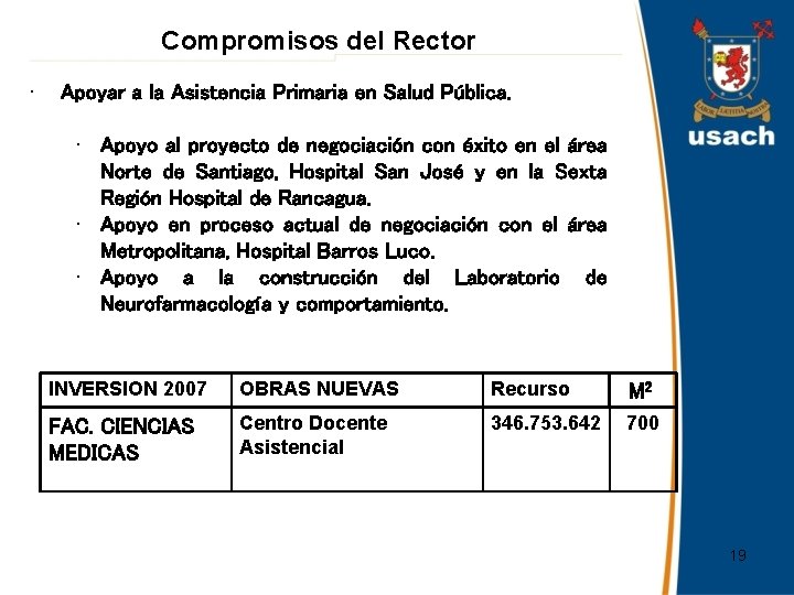 Compromisos del Rector • Apoyar a la Asistencia Primaria en Salud Pública. • Apoyo