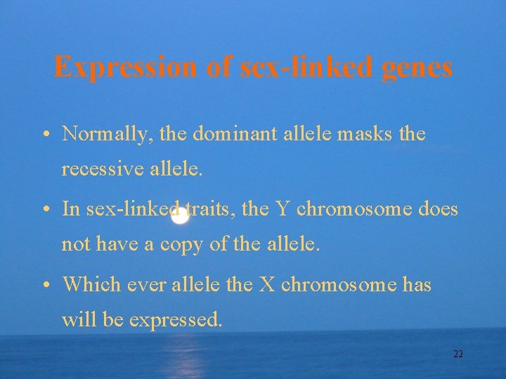Expression of sex-linked genes • Normally, the dominant allele masks the recessive allele. •
