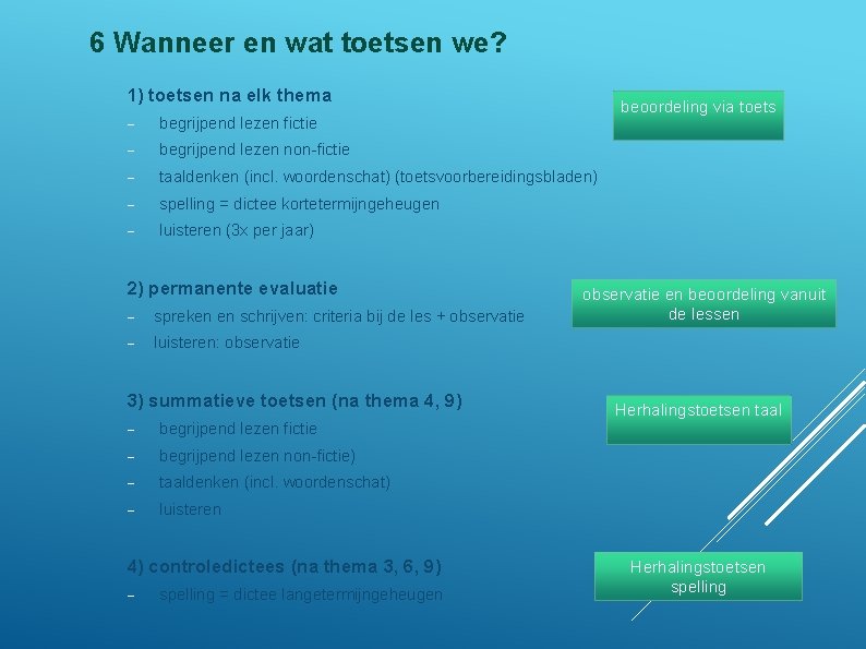 6 Wanneer en wat toetsen we? 1) toetsen na elk thema beoordeling via toets