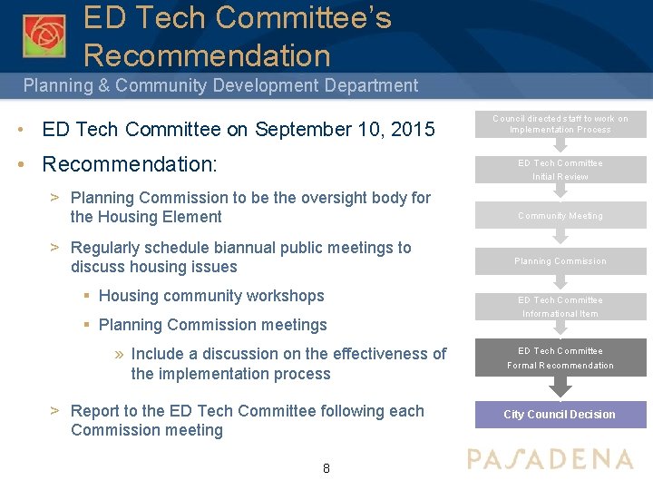 ED Tech Committee’s Recommendation Planning & Community Development Department • ED Tech Committee on