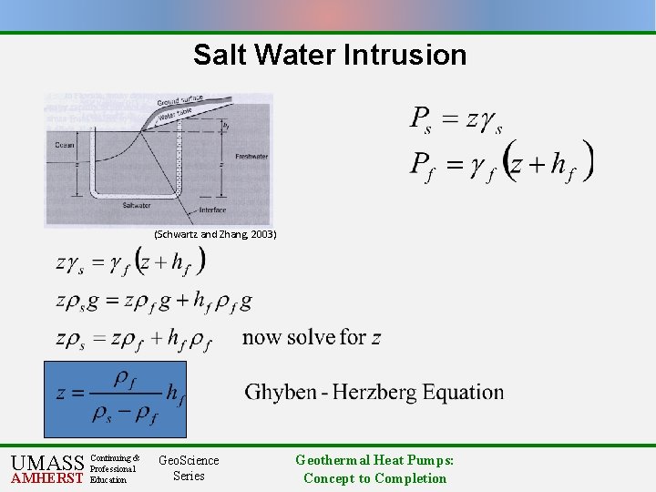 Salt Water Intrusion (Schwartz and Zhang, 2003) & UMASS Continuing Professional AMHERST Education Geo.