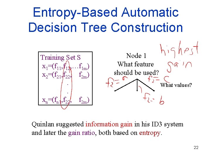 Entropy-Based Automatic Decision Tree Construction Training Set S x 1=(f 11, f 12, …f Entropy-Based Automatic Decision Tree Construction Training Set S x 1=(f 11, f 12, …f