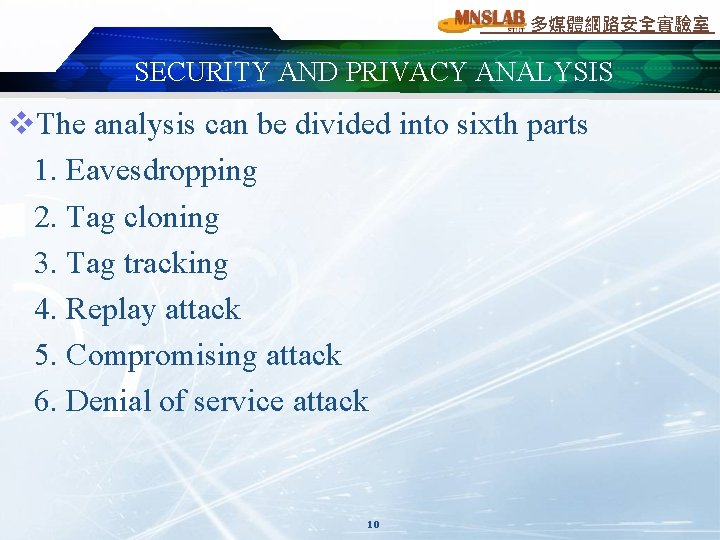 多媒體網路安全實驗室 SECURITY AND PRIVACY ANALYSIS v. The analysis can be divided into sixth parts