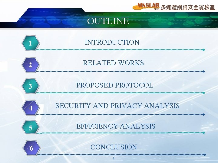 多媒體網路安全實驗室 OUTLINE 1 INTRODUCTION 2 RELATED WORKS 3 PROPOSED PROTOCOL 4 SECURITY AND PRIVACY