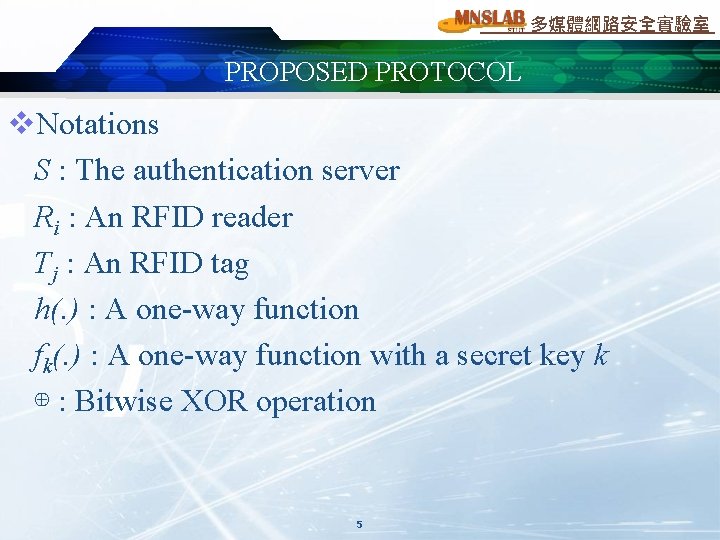 多媒體網路安全實驗室 PROPOSED PROTOCOL v. Notations S : The authentication server Ri : An RFID