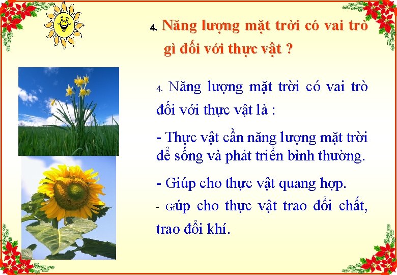 4. Năng lượng mặt trời có vai trò gì đối với thực vật ?