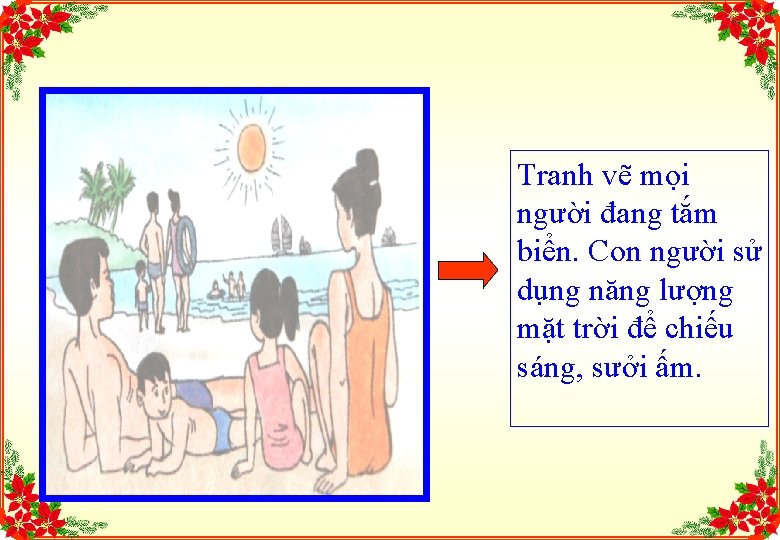 Tranh vẽ mọi người đang tắm biển. Con người sử dụng năng lượng mặt