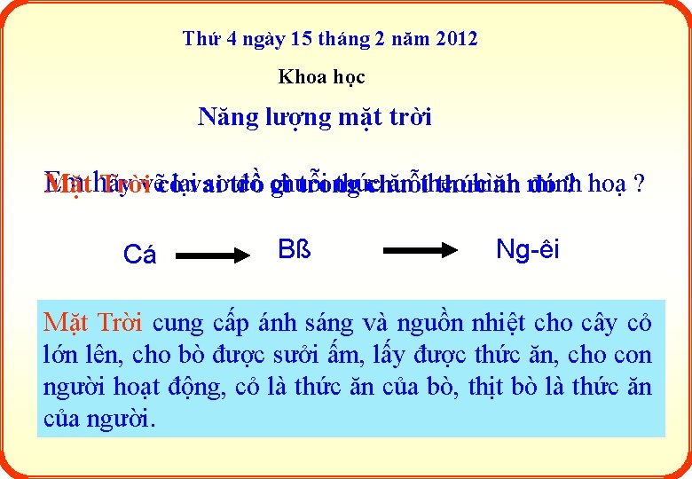 Thứ 4 ngày 15 tháng 2 năm 2012 Khoa học Năng lượng mặt trời