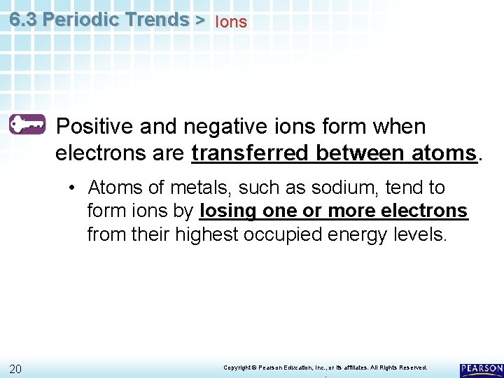 6. 3 Periodic Trends > Ions Positive and negative ions form when electrons are