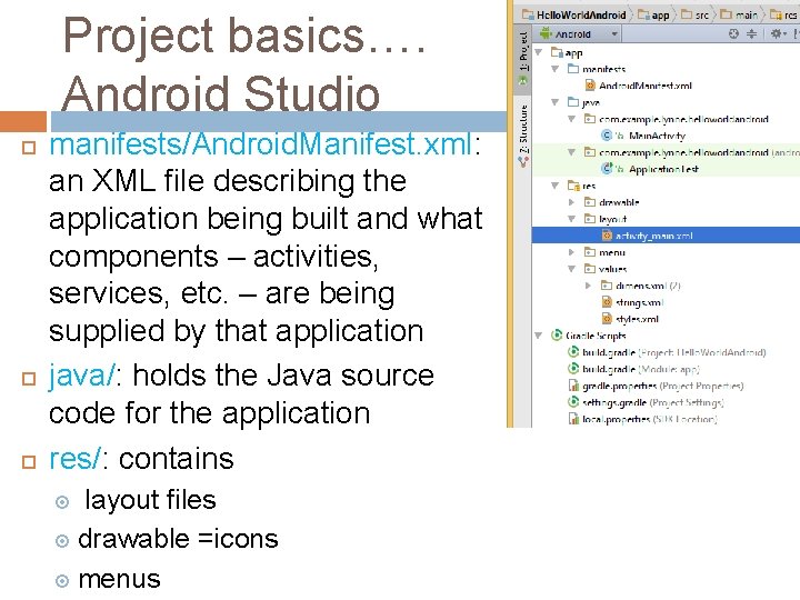 Project basics…. Android Studio manifests/Android. Manifest. xml: an XML file describing the application being