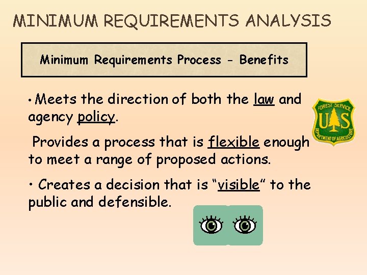 MINIMUM REQUIREMENTS ANALYSIS Minimum Requirements Process - Benefits • Meets the direction of both