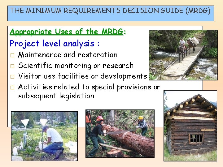 THE MINIMUM REQUIREMENTS DECISION GUIDE (MRDG) Appropriate Uses of the MRDG: Project level analysis