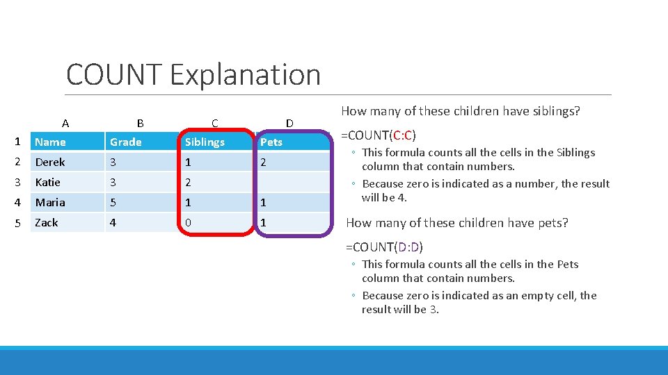 COUNT Explanation 1 A Name B Grade C Siblings D Pets 2 Derek 3