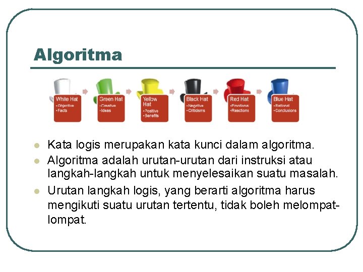 Algoritma l l l Kata logis merupakan kata kunci dalam algoritma. Algoritma adalah urutan-urutan