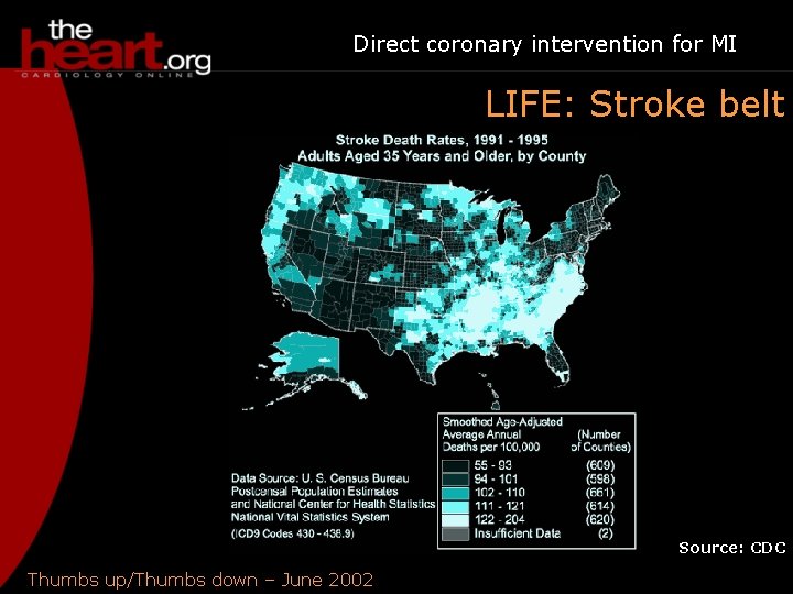 Direct coronary intervention for MI LIFE: Stroke belt Source: CDC Thumbs up/Thumbs down –