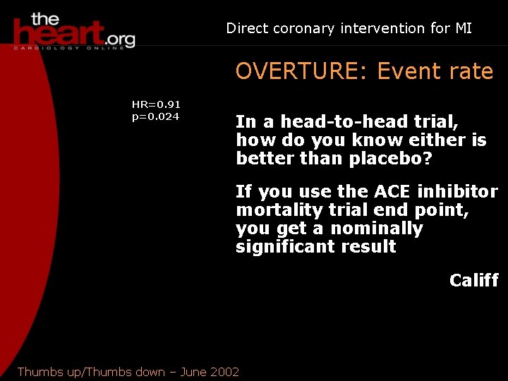 Direct coronary intervention for MI OVERTURE: Event rate HR=0. 91 p=0. 024 In a