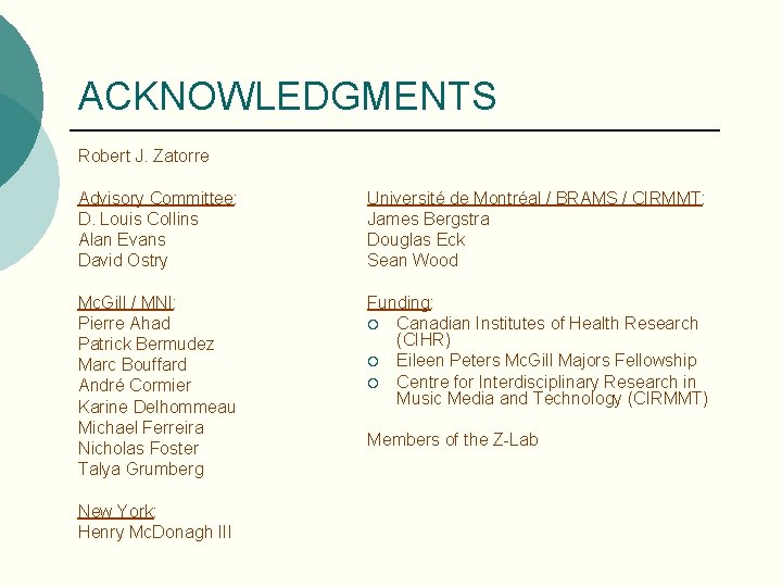 ACKNOWLEDGMENTS Robert J. Zatorre Advisory Committee: D. Louis Collins Alan Evans David Ostry Université