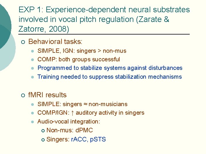 EXP 1: Experience-dependent neural substrates involved in vocal pitch regulation (Zarate & Zatorre, 2008)