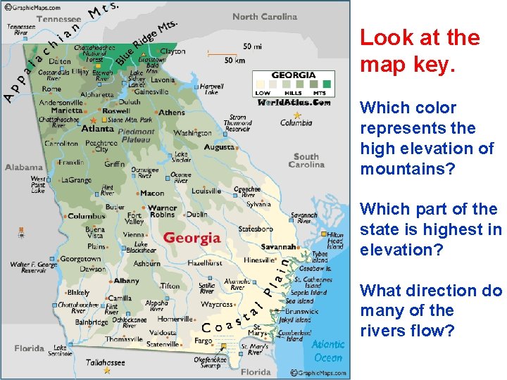 Look at the map key. Which color represents the high elevation of mountains? Which