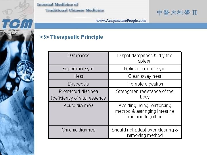 <5> Therapeutic Principle Dampness Dispel dampness & dry the spleen Superficial sym. Relieve exterior