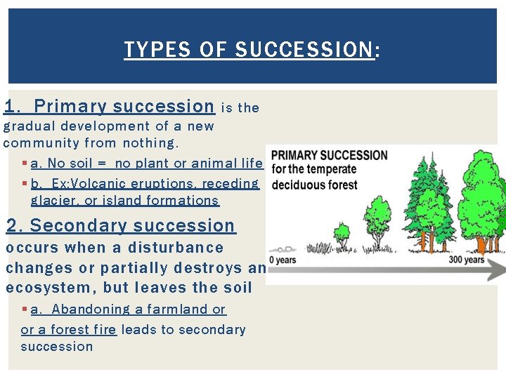 TYPES OF SUCCESSION: 1. Primary succession is the gradual development of a new community