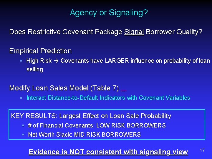 Agency or Signaling? Does Restrictive Covenant Package Signal Borrower Quality? Empirical Prediction § High