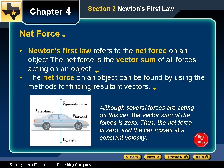 Chapter 4 Section 2 Newton’s First Law Net Force • Newton's first law refers