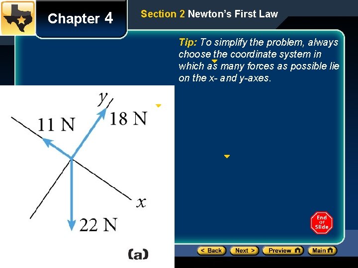 Chapter 4 Section 2 Newton’s First Law Tip: To simplify the problem, always choose