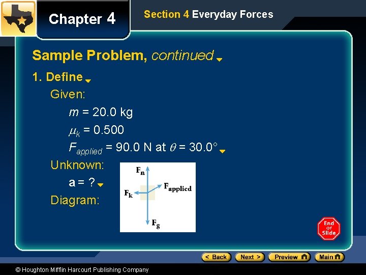 Chapter 4 Section 4 Everyday Forces Sample Problem, continued 1. Define Given: m =