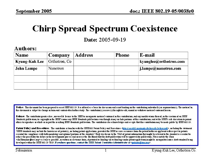 September 2005 doc. : IEEE 802. 19 -05/0038 r 0 Chirp Spread Spectrum Coexistence