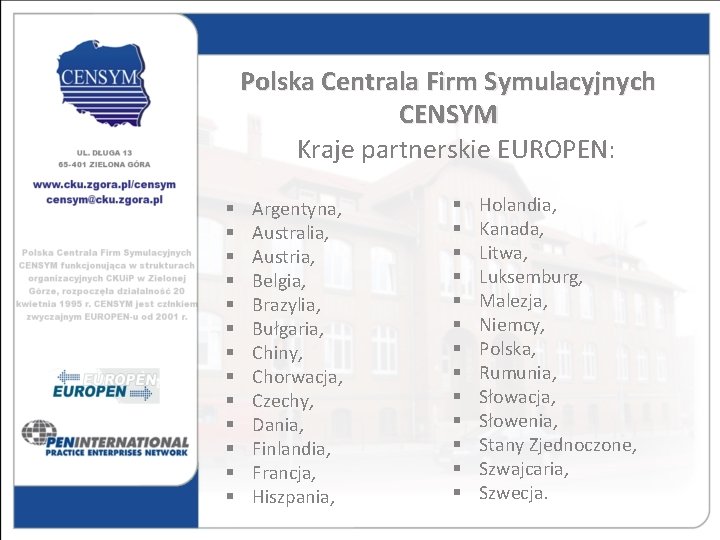 Polska Centrala Firm Symulacyjnych CENSYM Kraje partnerskie EUROPEN: § § § § Argentyna, Australia,