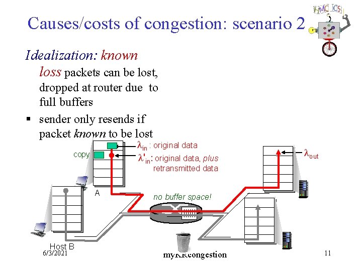 Causes/costs of congestion: scenario 2 Idealization: known loss packets can be lost, dropped at