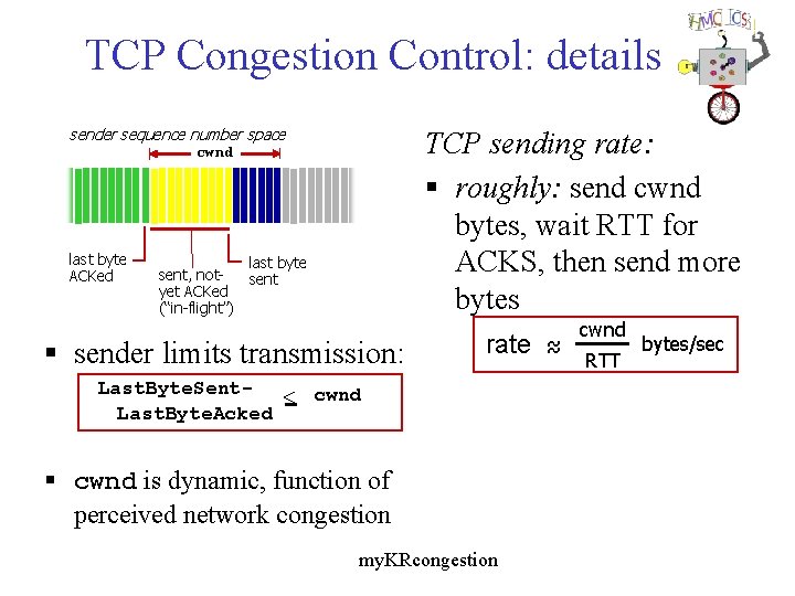 TCP Congestion Control: details sender sequence number space TCP sending rate: § roughly: send