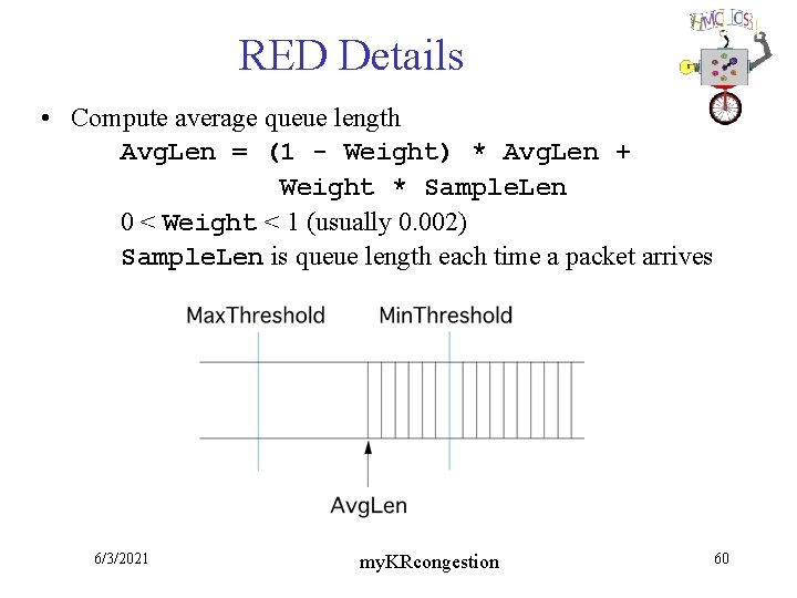 RED Details • Compute average queue length Avg. Len = (1 - Weight) *