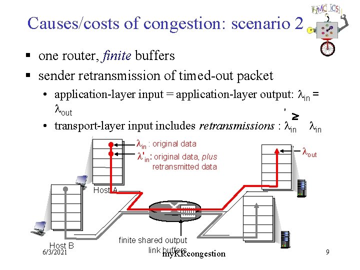 Causes/costs of congestion: scenario 2 § one router, finite buffers § sender retransmission of