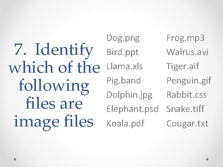 7. Identify which of the following files are image files Dog. png Bird. ppt