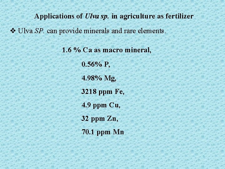 Applications of Ulva sp. in agriculture as fertilizer v Ulva SP. can provide minerals