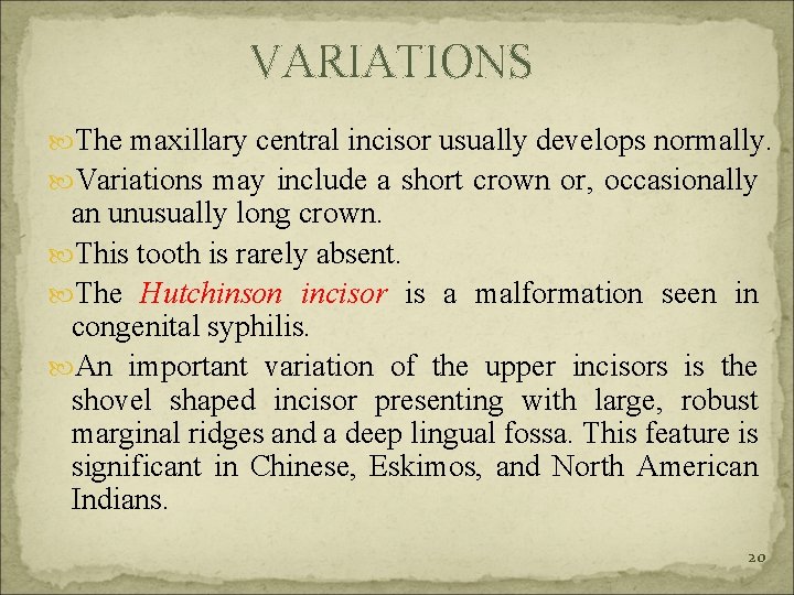 VARIATIONS The maxillary central incisor usually develops normally. Variations may include a short crown