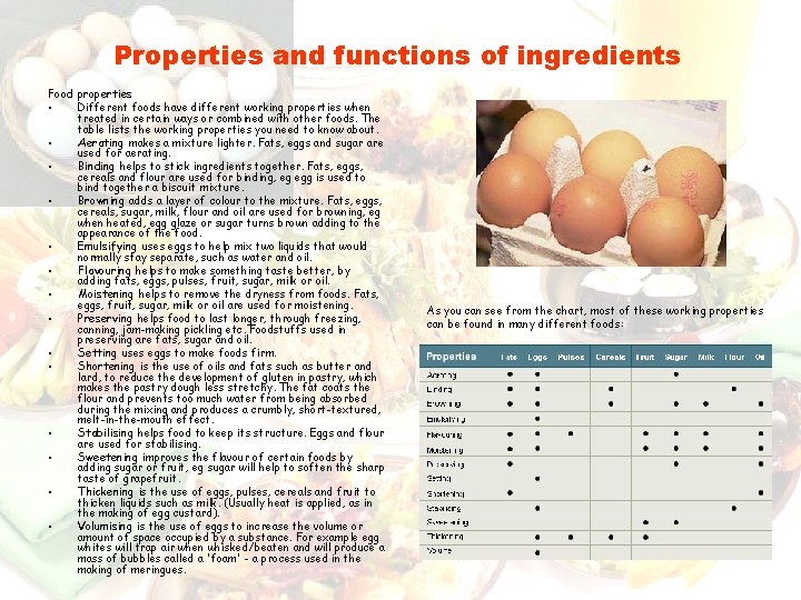Properties and functions of ingredients Food properties • Different foods have different working properties