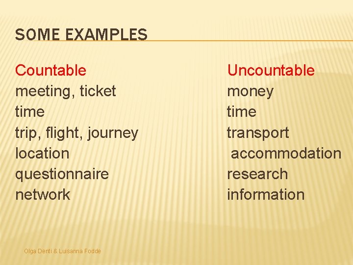 SOME EXAMPLES Countable meeting, ticket time trip, flight, journey location questionnaire network Olga Denti